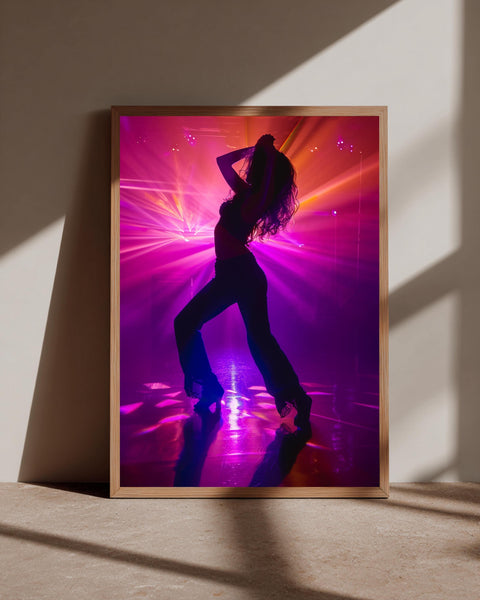 Retro Wall Art, Neon Disco Silhouette Print, Dancing Woman Poster, Framed Unframed or Digital