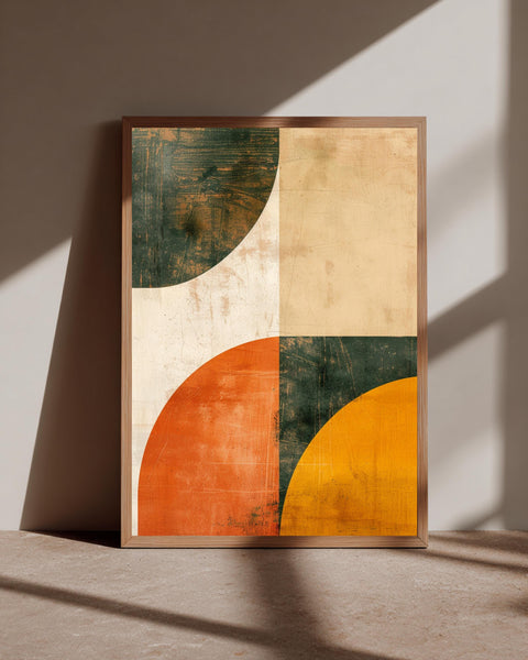 Mid Century Modern Abstract Wall Art, Retro 70s Color Block Gloss Print, Burnt Orange & Mustard Yellow Geometric Poster Decor