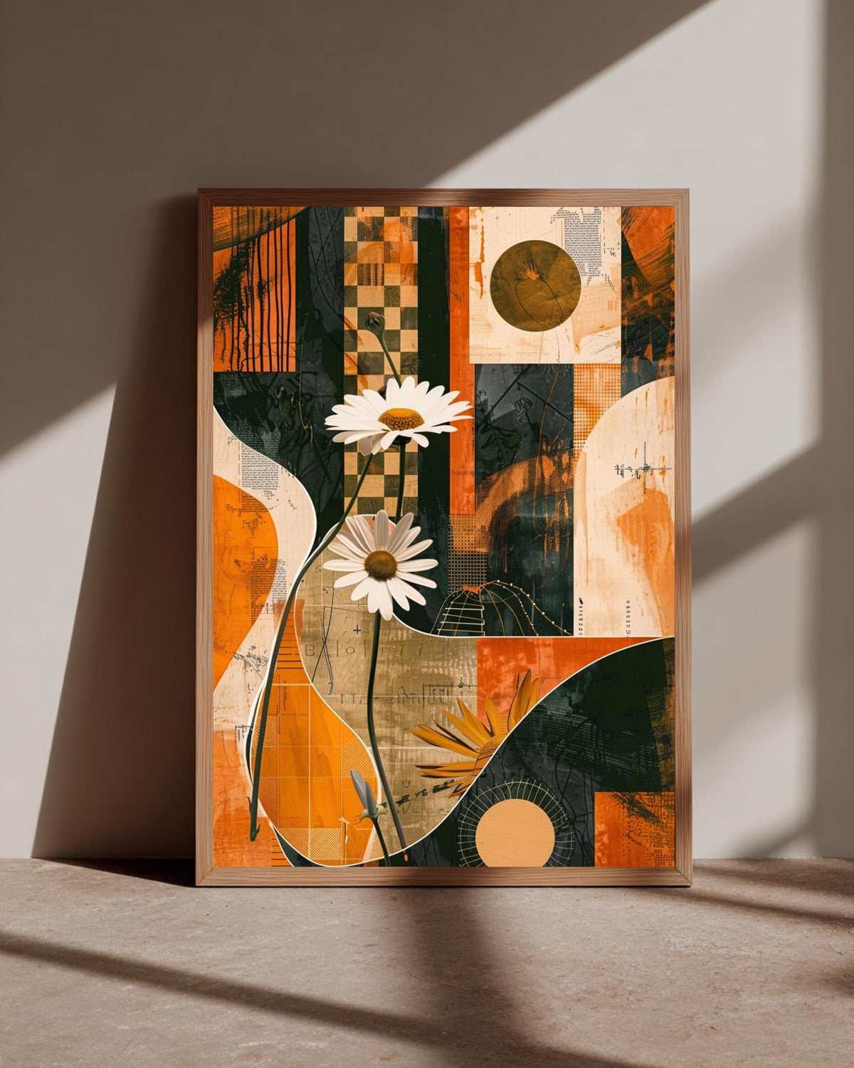 Retro Boho Wall Art, Groovy Daisy Floral Collage, Vintage Checker Poster, Framed Unframed or Digital