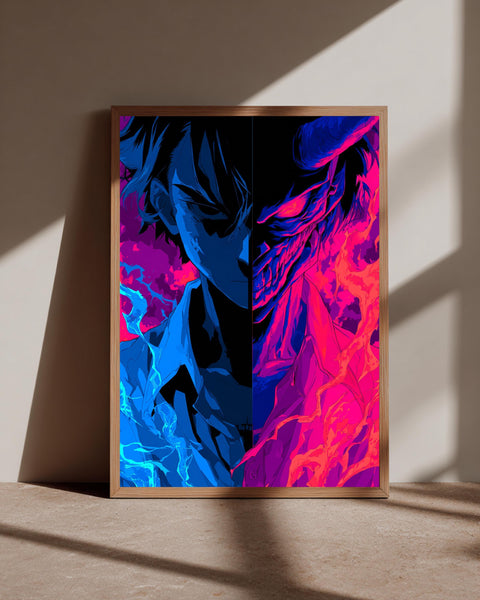 Dark Fantasy Art, Split Anime Demon Neon Duality Poster, Framed Unframed or Digital