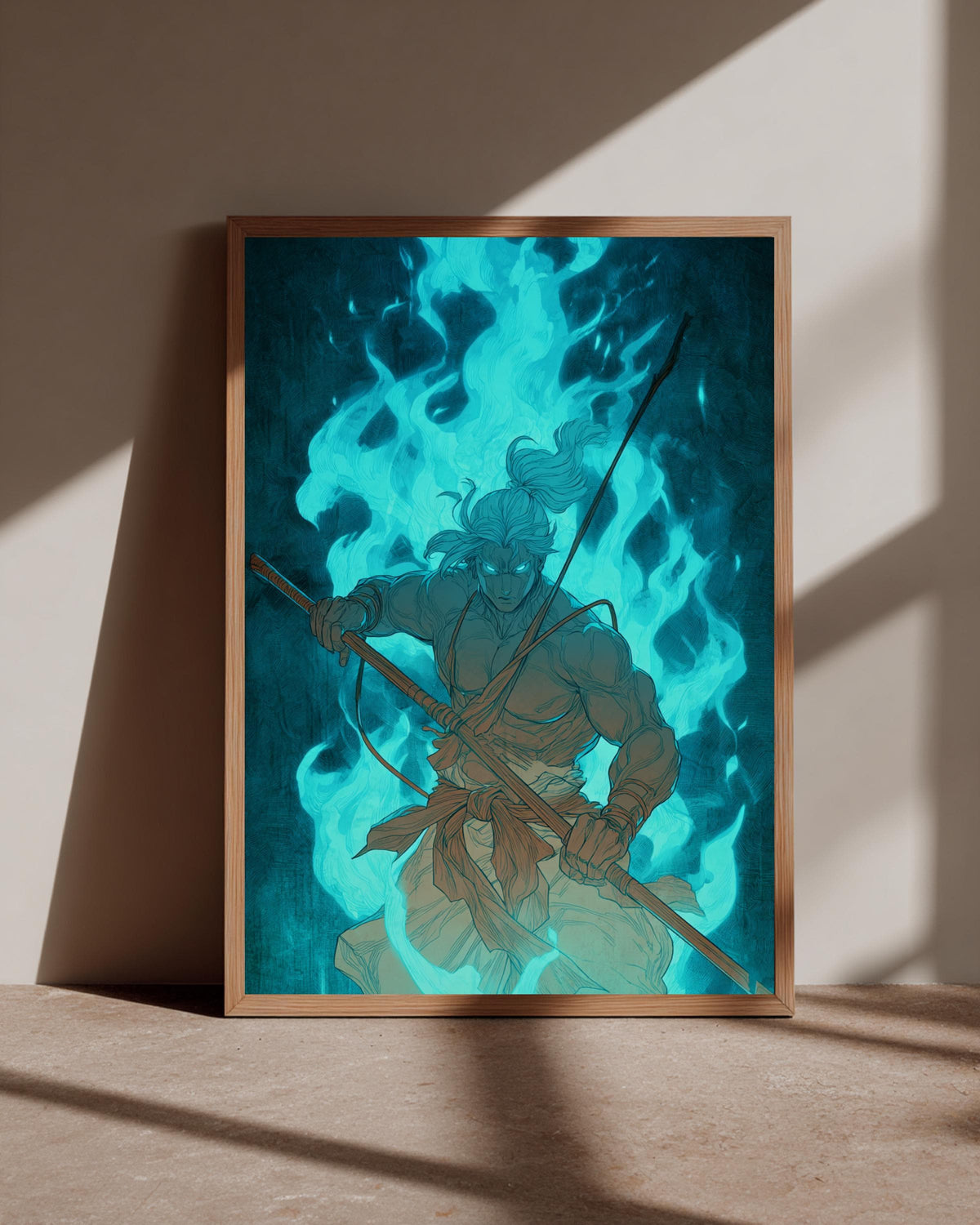 Dark Fantasy Print, Anime Warrior Teal Fire, Gamer Gift, Framed Unframed or Digital
