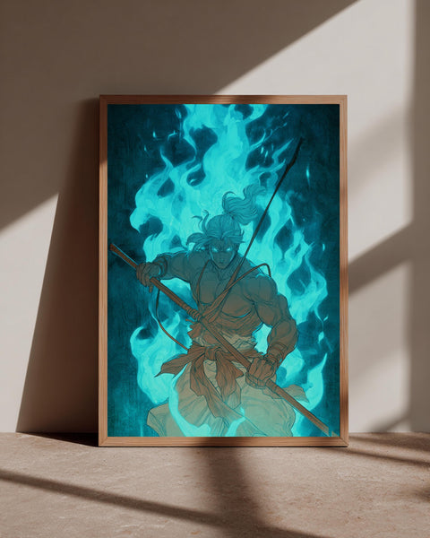 Dark Fantasy Print, Anime Warrior Teal Fire, Gamer Gift, Framed Unframed or Digital