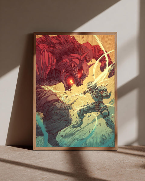 Dark Fantasy Art, Giant Demon vs Armored Warrior, Anime Battle Print, Framed Unframed or Digital