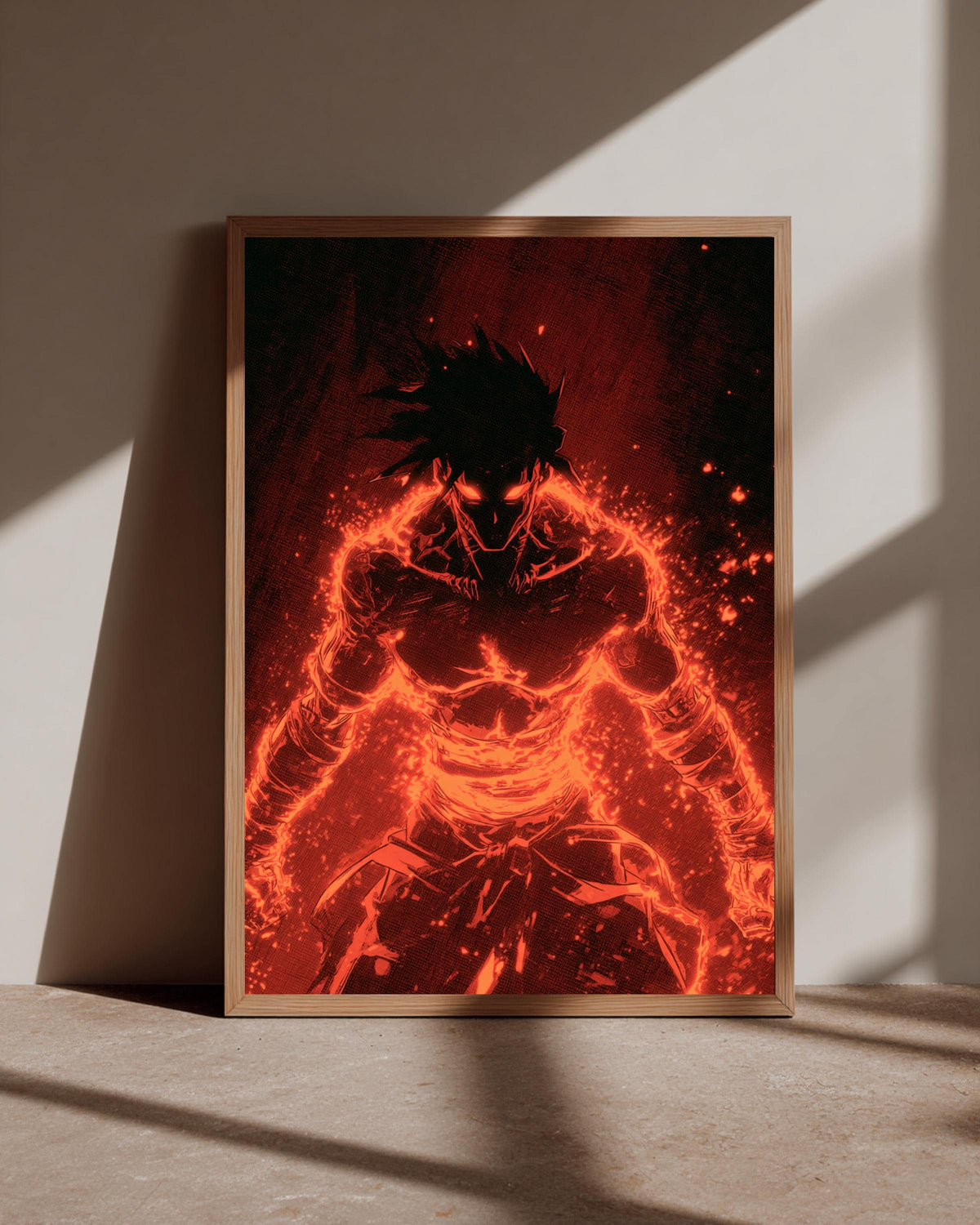 Anime Warrior Art, Fire Aura Silhouette Print, Retro Manga Poster, Framed Unframed or Digital