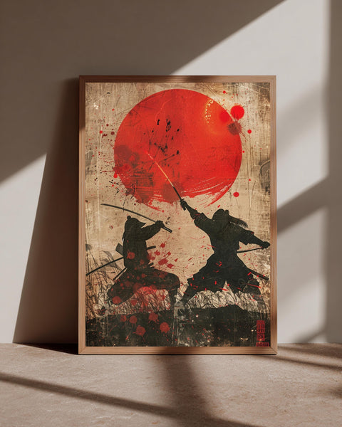 Samurai Duel Wall Art, Japanese Sword Fight Print, Retro Red Sun, Framed Unframed or Digital