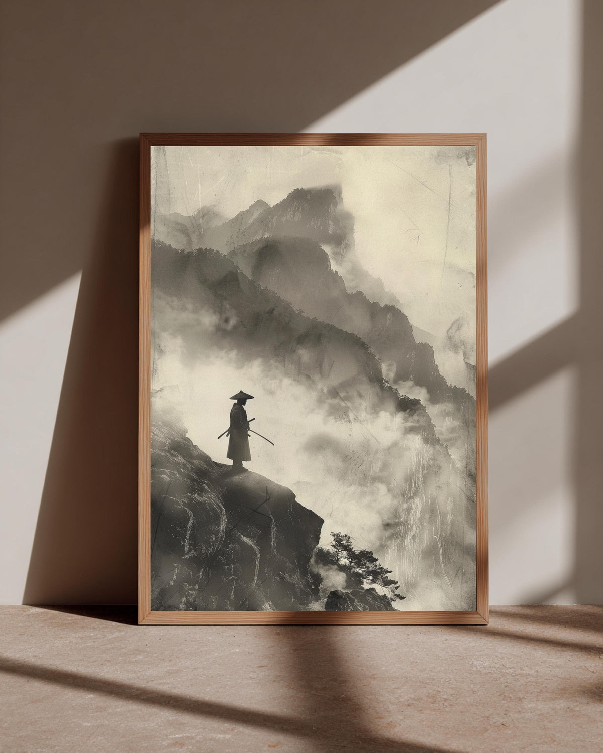 Samurai Wall Art, Japanese Ronin Misty Mountain Print, Framed Unframed or Digital