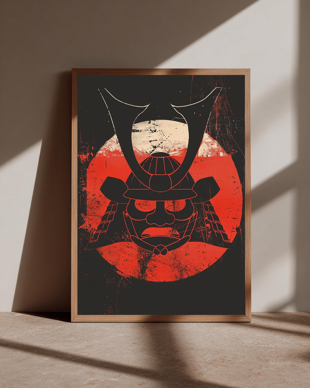 Samurai Helmet Wall Art, Japanese Kabuto Print, Red Sun Oni Mask, Framed Unframed or Digital