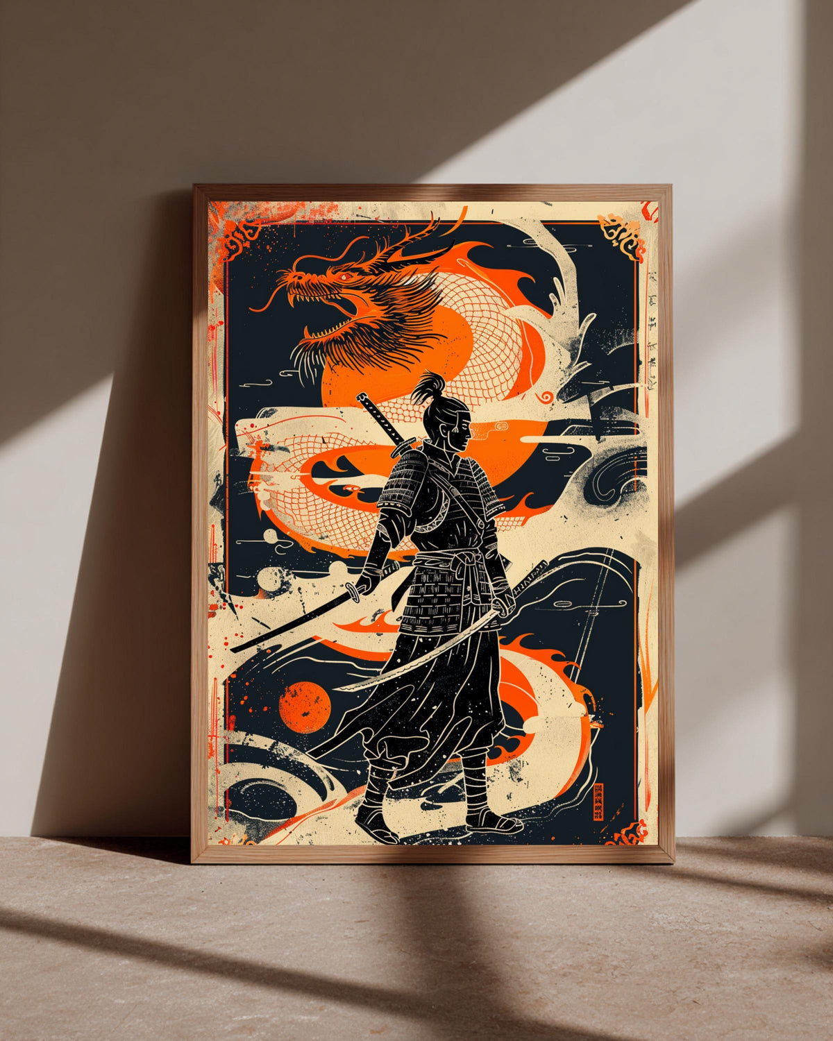 Samurai Dragon Wall Art, Japanese Warrior Katana Print, Framed Unframed or Digital