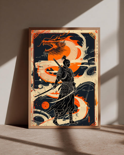 Samurai Dragon Wall Art, Japanese Warrior Katana Print, Framed Unframed or Digital