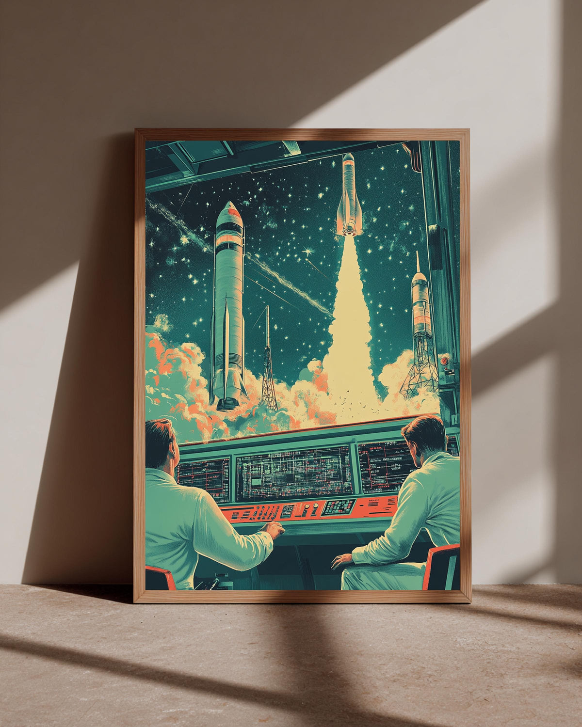 Retro Space Race Art, Vintage Rocket Launch Print, Mission Control, Framed Unframed or Digital
