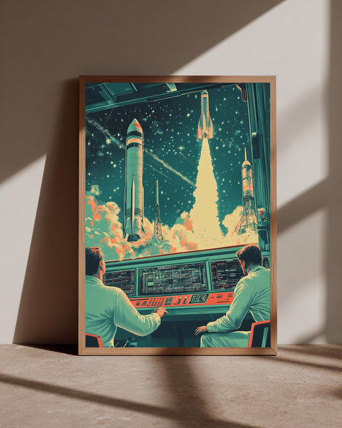 Retro Space Race Art, Vintage Rocket Launch Print, Mission Control, Framed Unframed or Digital