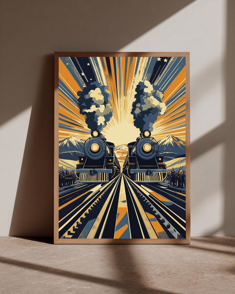Golden Spike Train Art, Transcontinental Railroad Poster, Vintage Steam, Framed Unframed or Digital