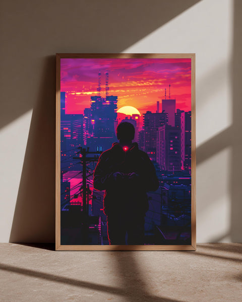 Synthwave City Art, Cyberpunk Silhouette Gamer Print, Neon Retro Poster, Framed Unframed or Digital
