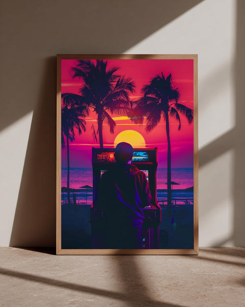 Retrowave Arcade Art, Synthwave Sunset Beach Poster, Gamer Gift, Framed Unframed or Digital