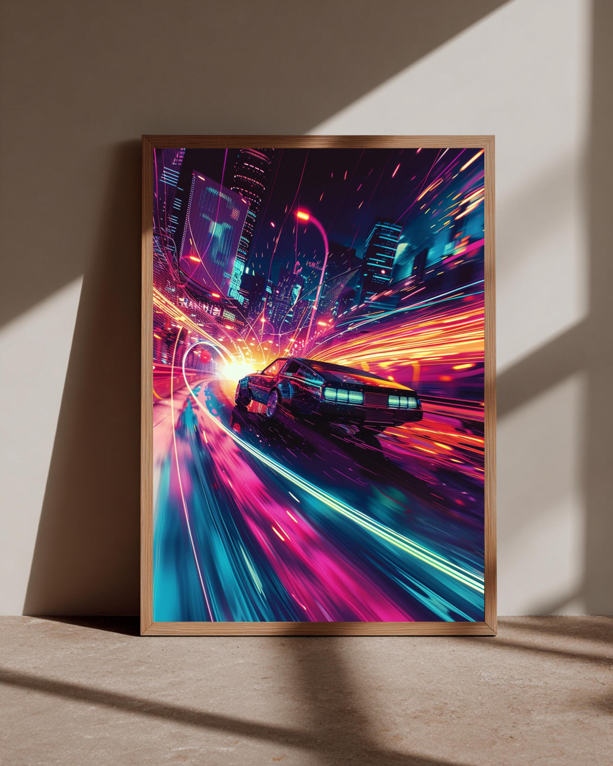 Synthwave Racing Car, Neon City Retrowave Print, Framed Unframed or Digital