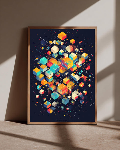 Retro 3D Cube Art, Colorful Pixel Blocks Poster, Geometric Gamer Print, Framed Unframed or Digital