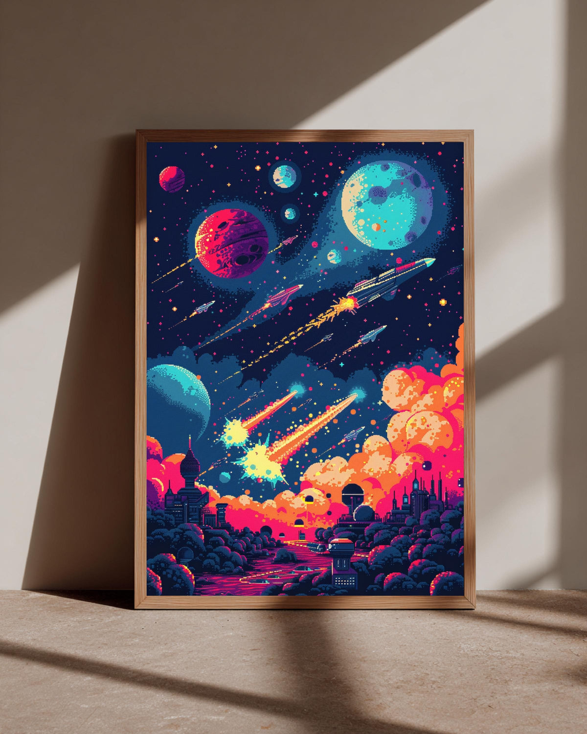 Retro Space Art, 8-Bit Pixel Sci-Fi Battle Poster, Gamer Gift, Framed Unframed or Digital