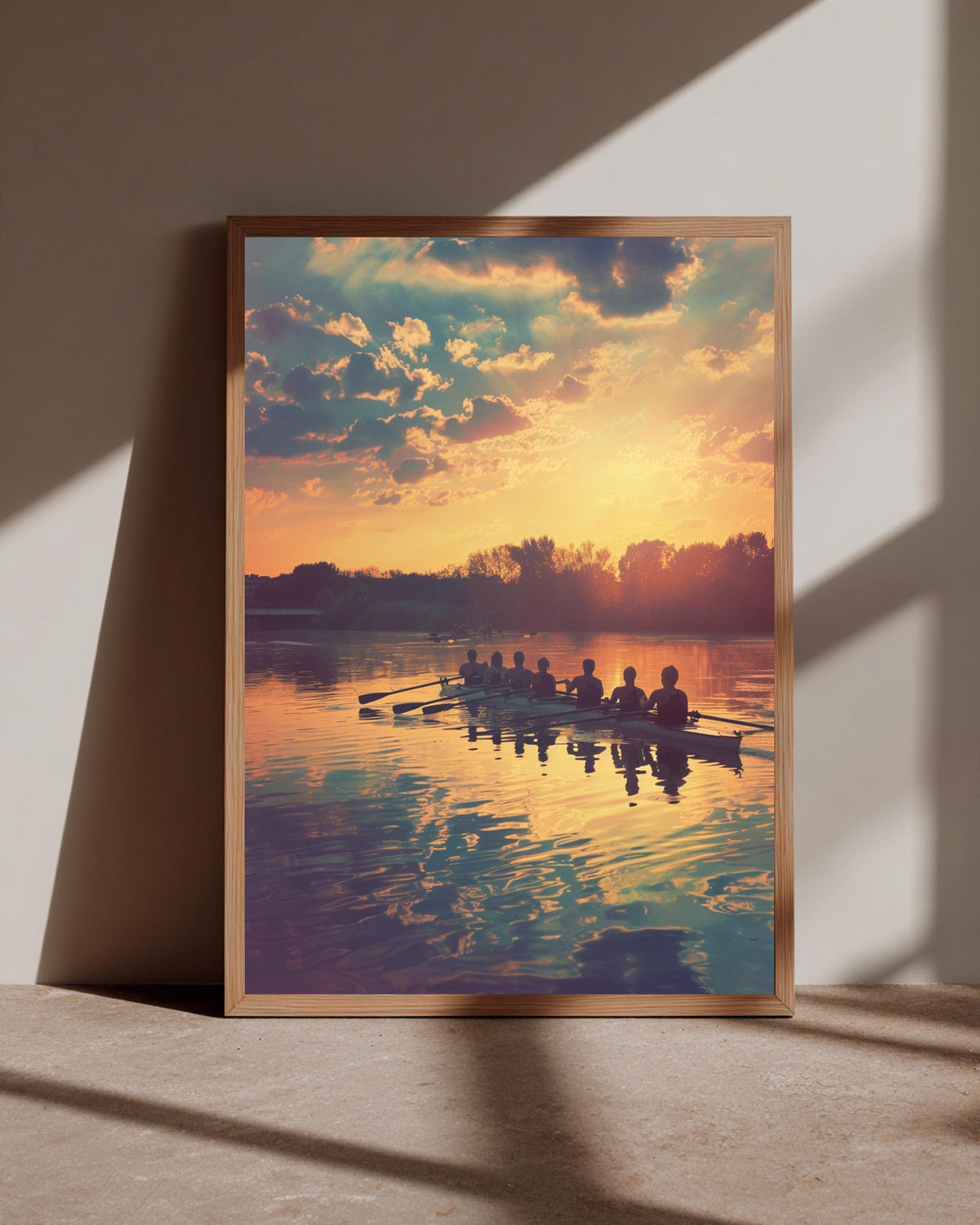 Vintage Rowing Art, Crew Sculling Lake Sunset Silhouette, Framed Unframed or Digital