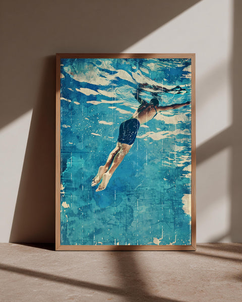 Vintage Swimming Poster Retro Swimmer Underwater Wall Art Mid Century Modern Decor Blue Pool Print Gift for Swimmers Gloss Poster Art