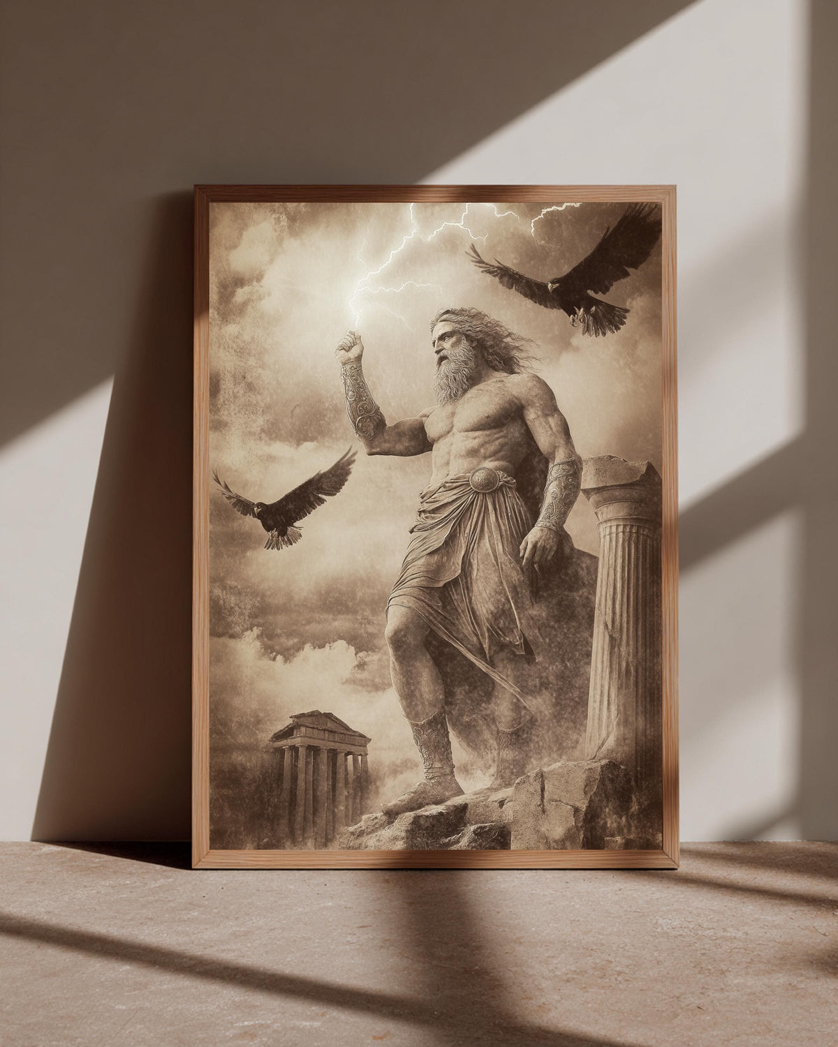 Greek God Zeus Wall Art, King of Gods Mount Olympus Poster, Ancient Mythology Sepia Print, Lightning Bolt Decor, Greek History Gift