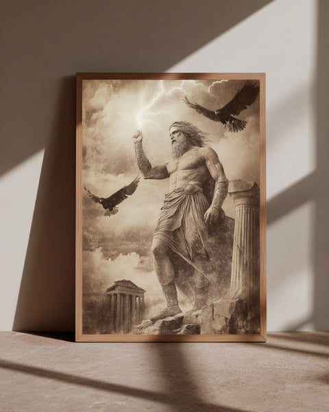 Greek God Zeus Wall Art, King of Gods Mount Olympus Poster, Ancient Mythology Sepia Print, Lightning Bolt Decor, Greek History Gift