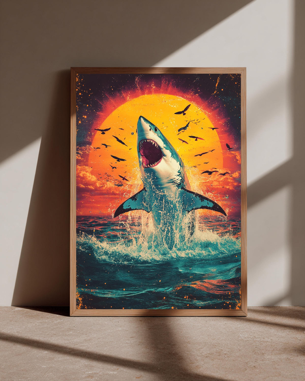 Retro Shark Wall Art, Great White Ocean Poster, Vintage Breaching Print, Framed Unframed or Digital