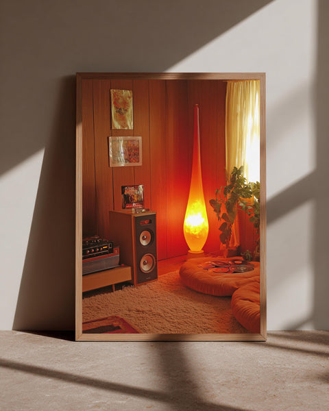 Retro 1970s Living Room, Groovy Vintage Aesthetic Print, Framed Unframed or Digital