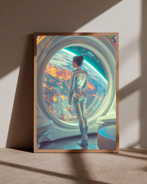 Retro Space Station Art, Sci-Fi Woman Poster, Futuristic Print, Framed Unframed or Digital