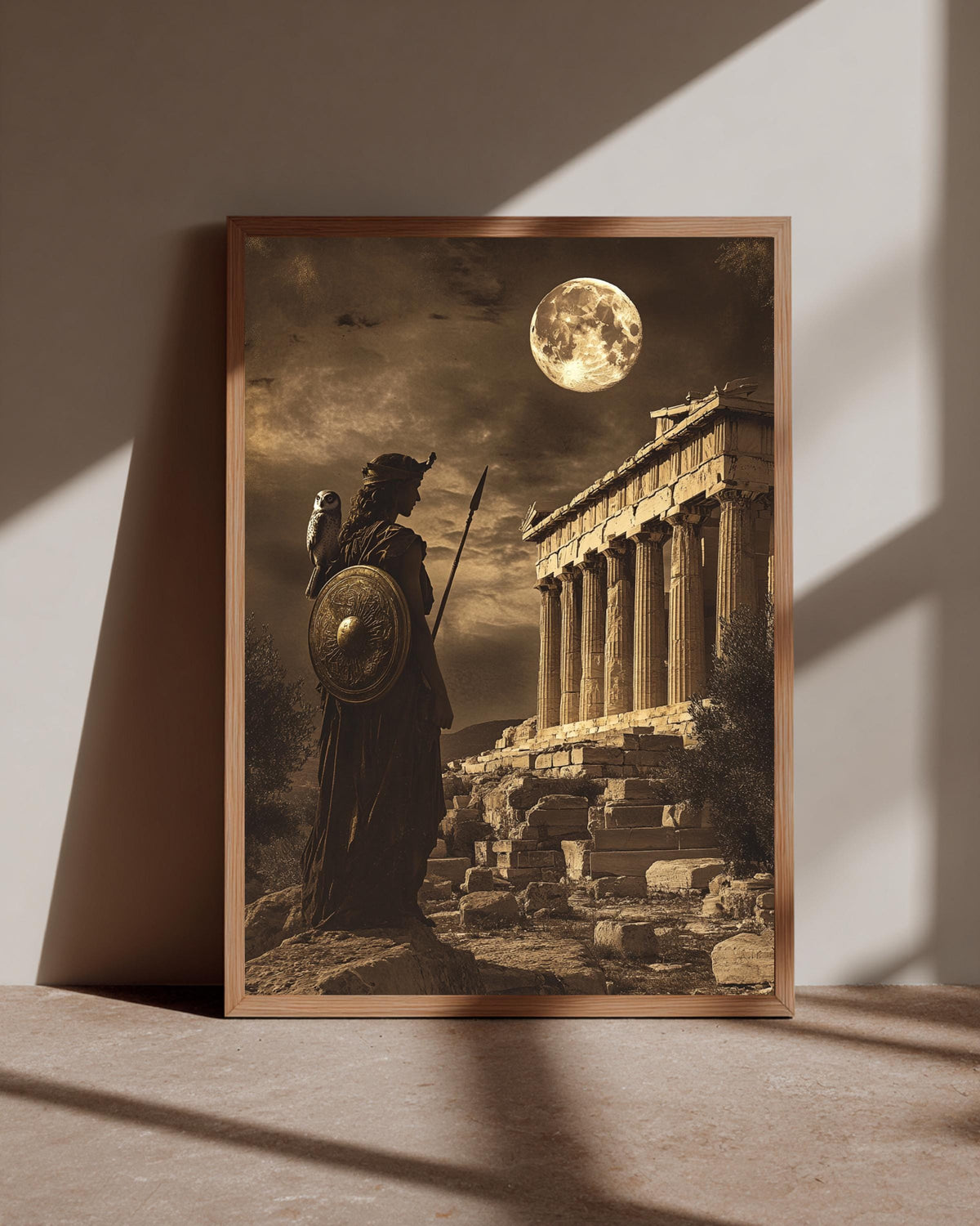 Athena Greek Goddess of Wisdom Art Print, Parthenon Temple at Night with Full Moon, Ancient Greek Mythology Poster, Sepia Wall Decor