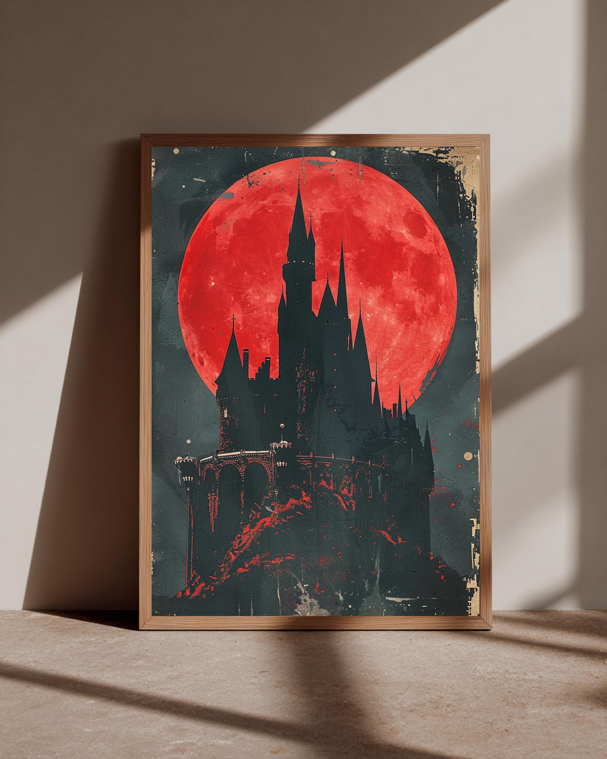 Gothic Horror Poster, Blood Moon Castle Silhouette, Retro Dark Fantasy, Framed Unframed or Digital