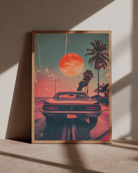 Retro Wall Art, Vintage Muscle Car Sunset Print, Framed Unframed or Digital