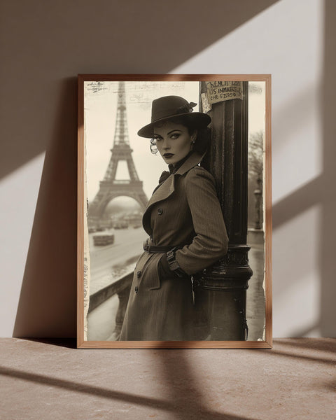 Vintage Femme Fatale Spy Poster Paris Eiffel Tower Sepia Print Retro Noir Wall Art Trench Coat Fedora French Style Home Decor Gloss
