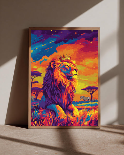 Lion King Crown Art, Psychedelic African Savanna Print, Framed Unframed or Digital