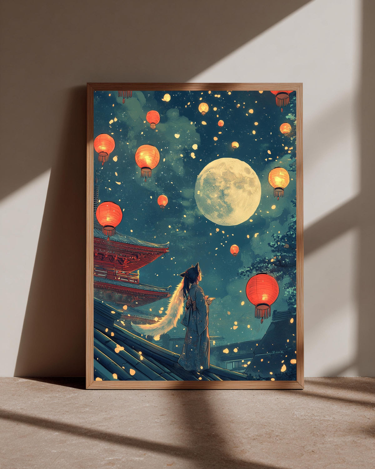 Japanese Lantern Art, Kitsune Fox Spirit Print, Fantasy Night Sky, Framed Unframed or Digital