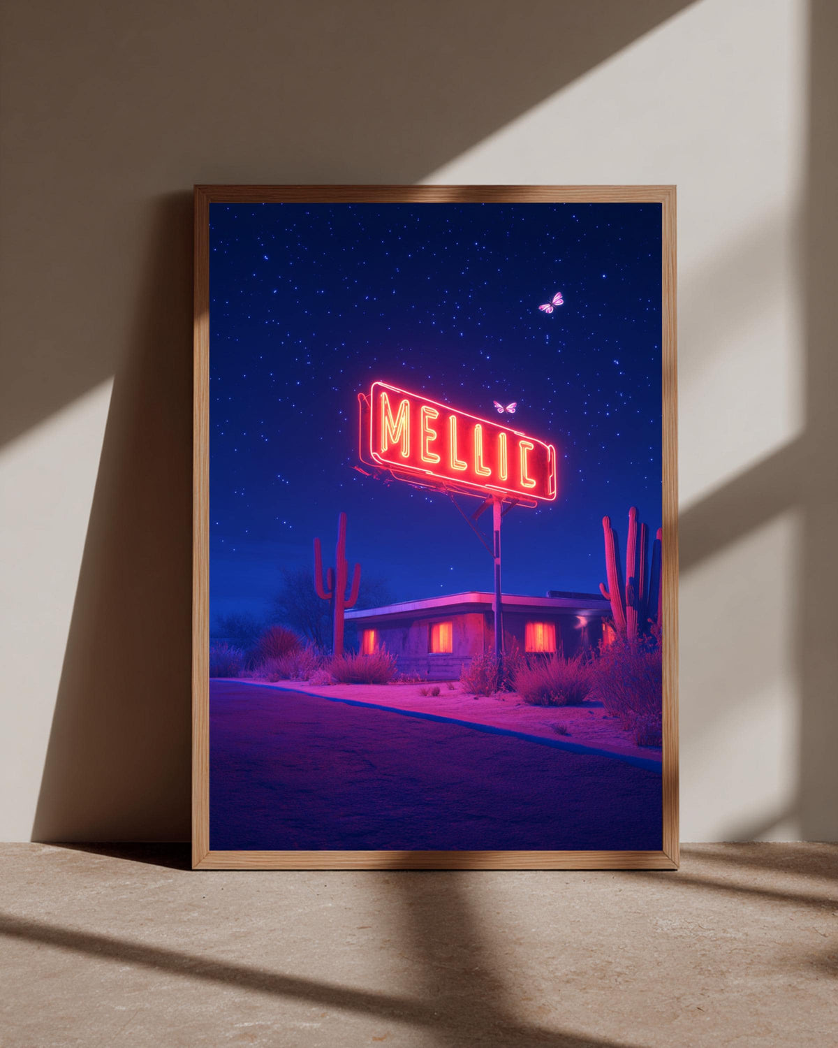 Retro Neon Desert Art, Vaporwave Motel Print, Synthwave Night, Framed Unframed or Digital