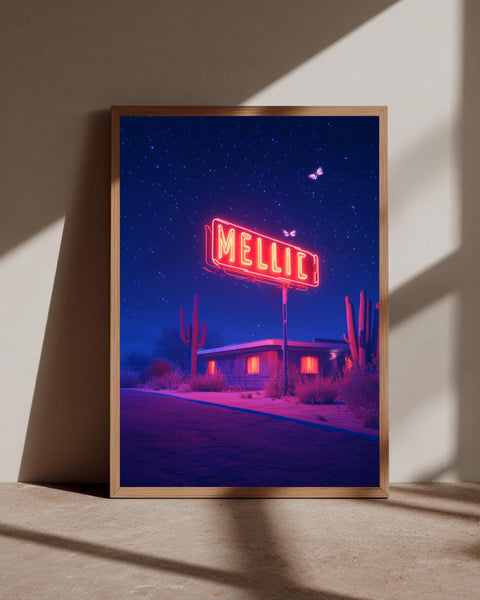 Retro Neon Desert Art, Vaporwave Motel Print, Synthwave Night, Framed Unframed or Digital