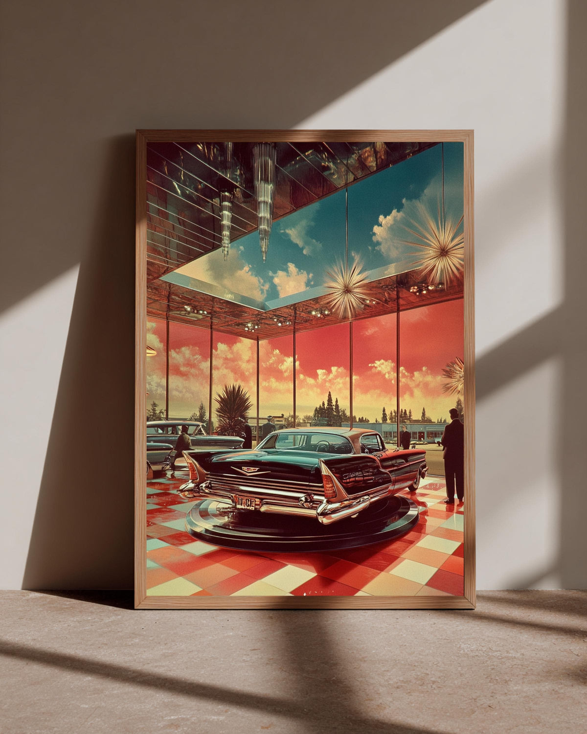 Retro Car Showroom Art, Mid Century Modern Print, Vintage Automotive, Framed Unframed or Digital