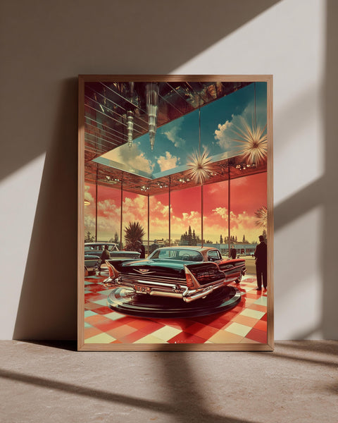 Retro Car Showroom Art, Mid Century Modern Print, Vintage Automotive, Framed Unframed or Digital