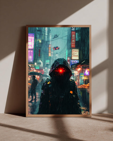 Cyberpunk Neon Art, Bounty Hunter Rain City Print, Framed Unframed or Digital