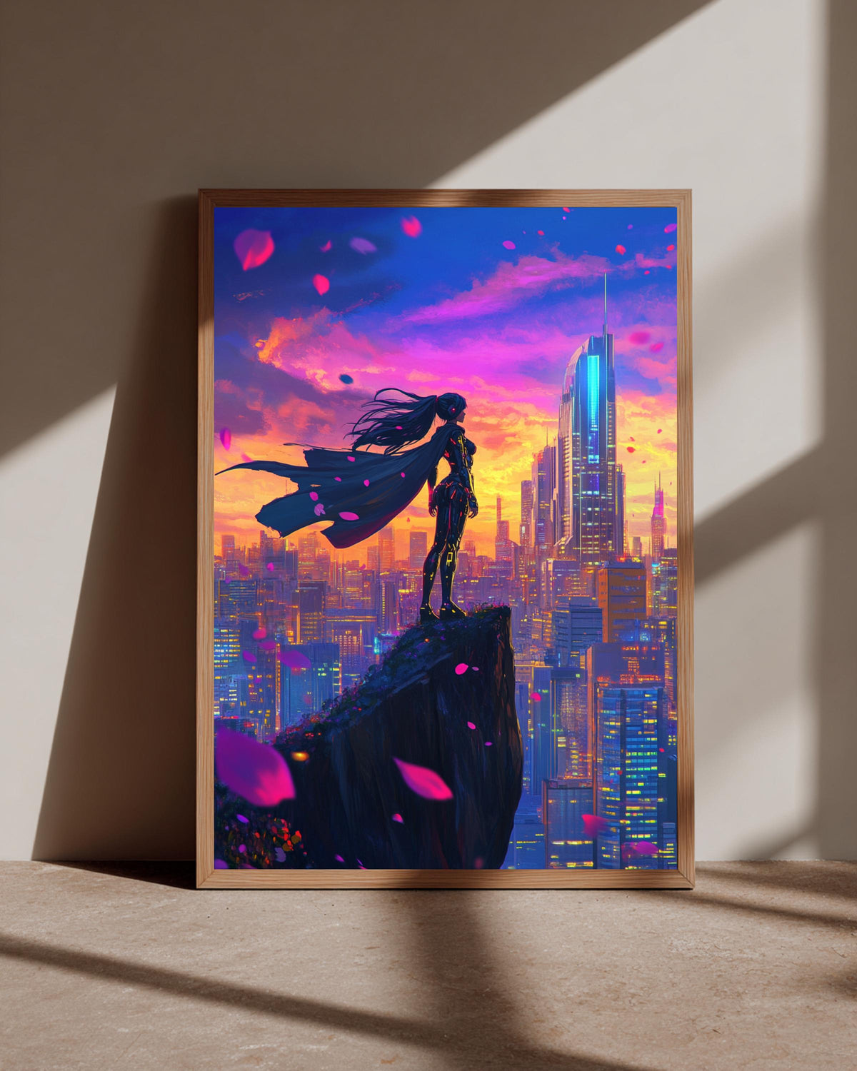 Cyberpunk Anime Warrior Princess Gloss Poster - Futuristic City Sunset Wall Art - Retro Synthwave Girl Print - Neon Cityscape Decor