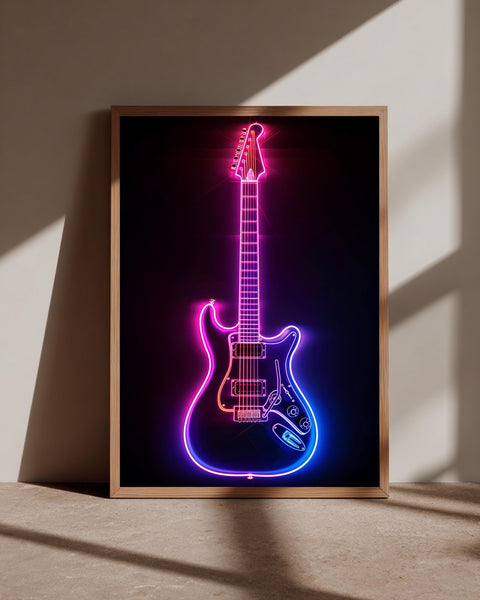 Electric Guitar Neon Wall Art, Glowing Synthwave Music Poster, Cyberpunk Rock Gloss Print, Vibrant Studio Decor for Musician Room