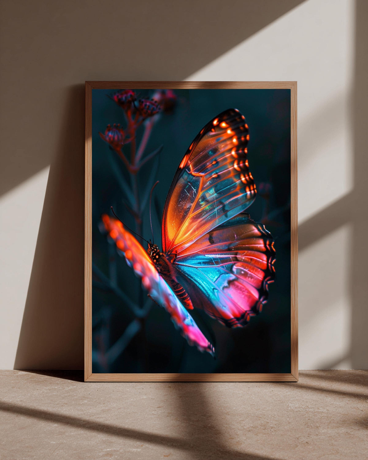Neon Butterfly Art, Glowing Electric Insect Print, Vibrant Teal Pink, Framed Unframed or Digital