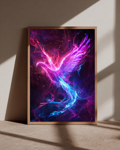 Fantasy Wall Art, Neon Phoenix Rising Print, Mythical Bird Framed Unframed or Digital