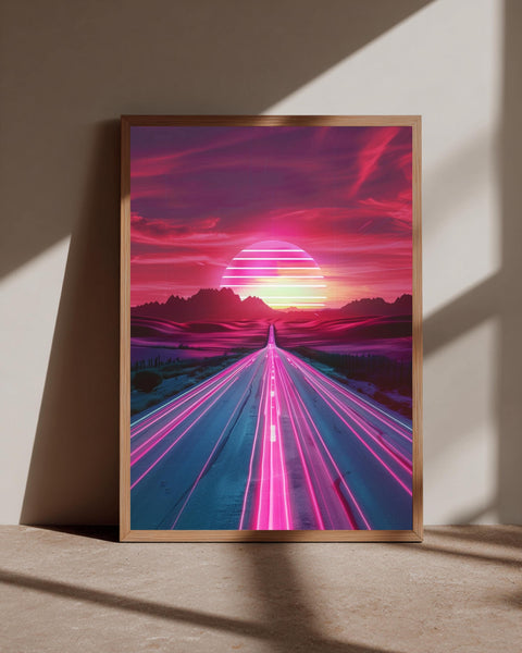 Retro Synthwave Art, Neon Desert Highway Print, 80s Gloss Poster, Framed Unframed or Digital