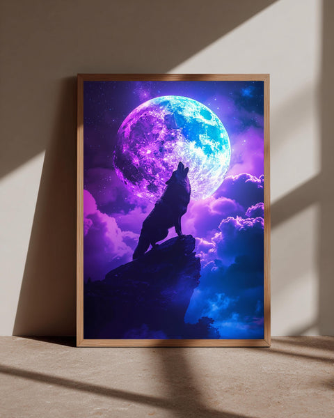 Fantasy Wolf Print, Neon Moon Howling Wolf, Synthwave Dark Art, Framed Unframed or Digital