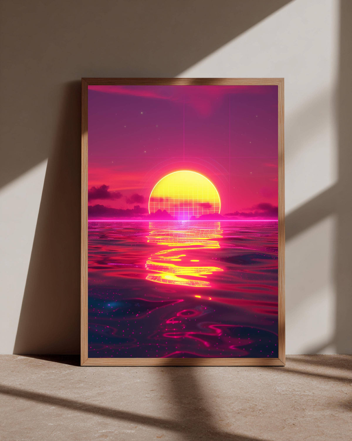 Retro Synthwave Sunset, 80s Vaporwave Grid Print, Framed Unframed or Digital