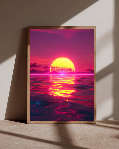 Retro Synthwave Sunset, 80s Vaporwave Grid Print, Framed Unframed or Digital
