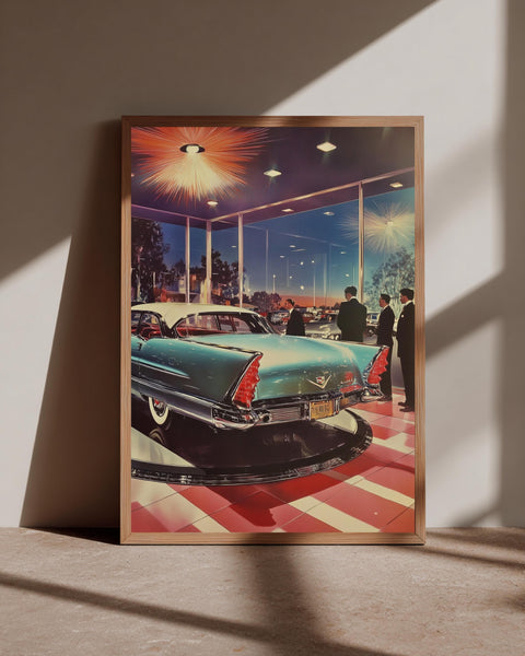 Retro Car Showroom Art, Mid Century Modern 1950s Classic, Framed Unframed or Digital