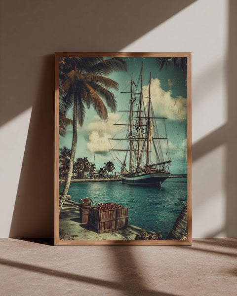 Vintage Sailing Ship in Tropical Harbor Gloss Print - Retro Travel Poster - Nautical Wall Art - Caribbean Coastal Decor - Tall Ship Art