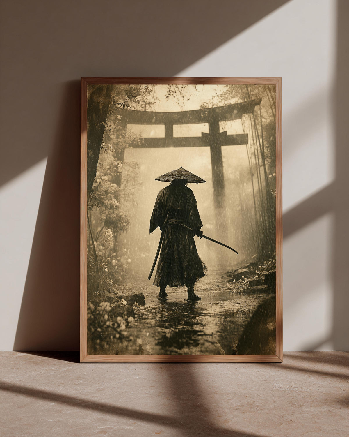 Samurai Ronin Art, Japanese Torii Gate Rain Print, Framed Unframed or Digital